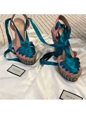 Gucci Pink and Teal Satin Platform Wedge Sandals with Ribbon Wraps